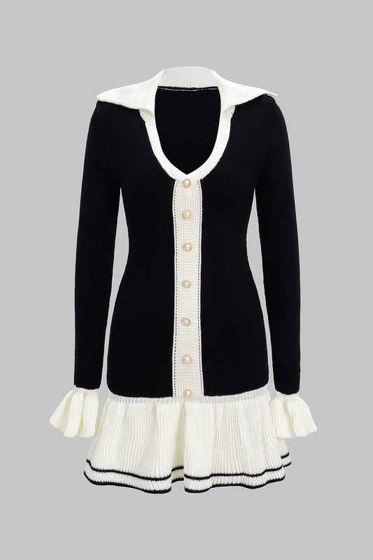 V-Neck Patchwork Button Sweater Dress