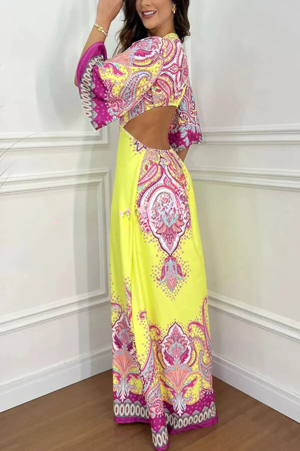 Stand Out and Shine Palace Style Print Bell Sleeve Backless Vacation Maxi Dress