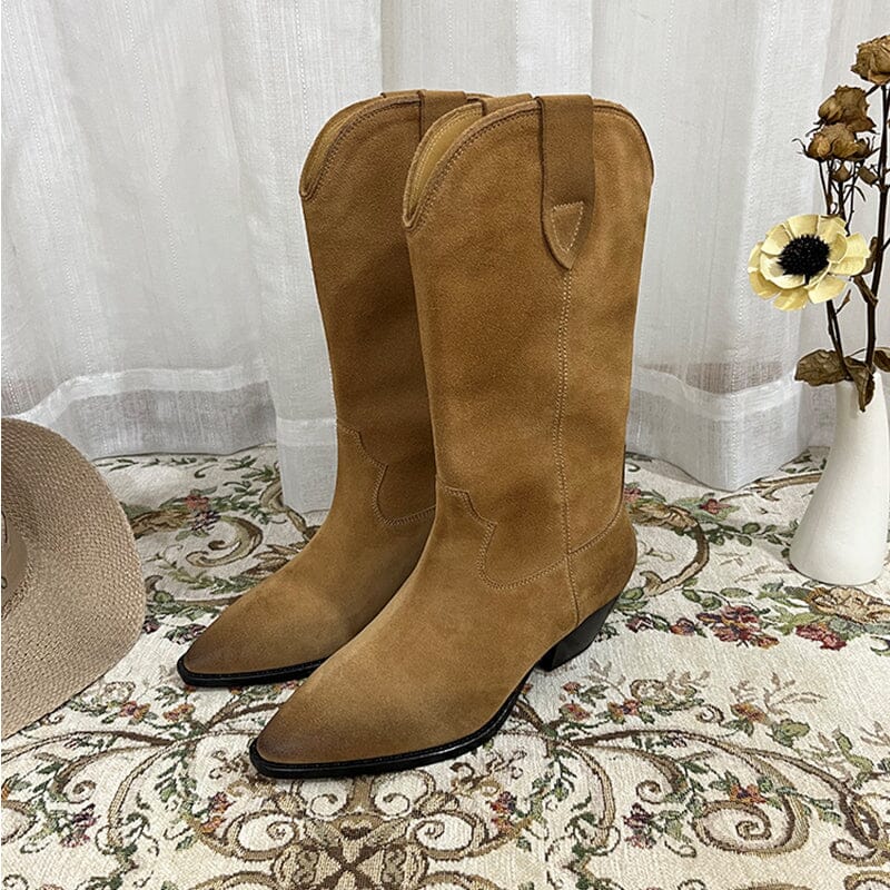 Womens Western Suede Mid Calf Boots Block Heel - Khaki/Black/Grey/Brown Cowgirl Boots All Genuine Leather
