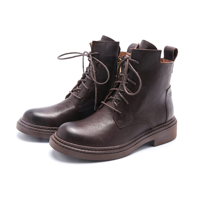 Leather Boots Brush-Off Combat Boots Lace Up Ankle Boots in Black/Coffee/Brown