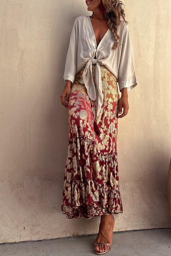 Summer Harvest Golden Floral Gradient Elastic Waist Maxi Skirt