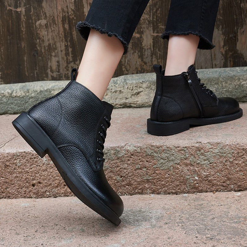Wide Toes Handmade Genuine Leather Boots Lace-Up Combat Boots Retro Chunky Ankle Boots