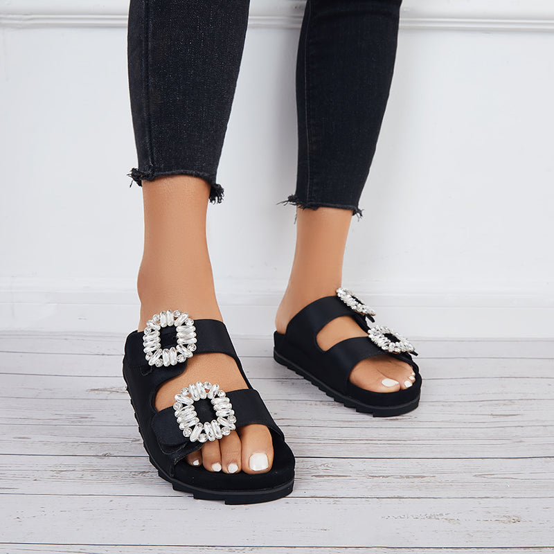 Rhinestone Velcro Platform Slides Slip on Flat Sandals Slippers