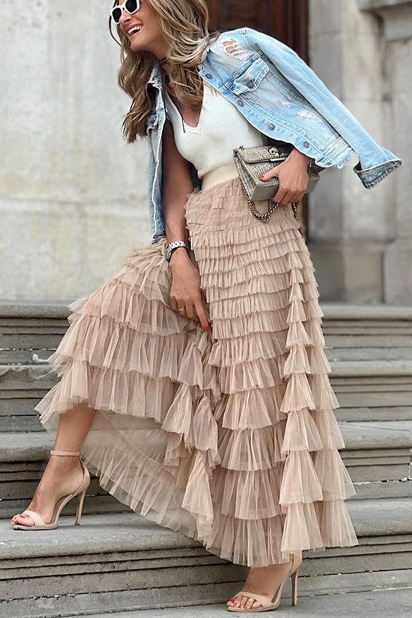 Be Your Own City Queen Tiered Elastic Waist Tulle Maxi Skirt