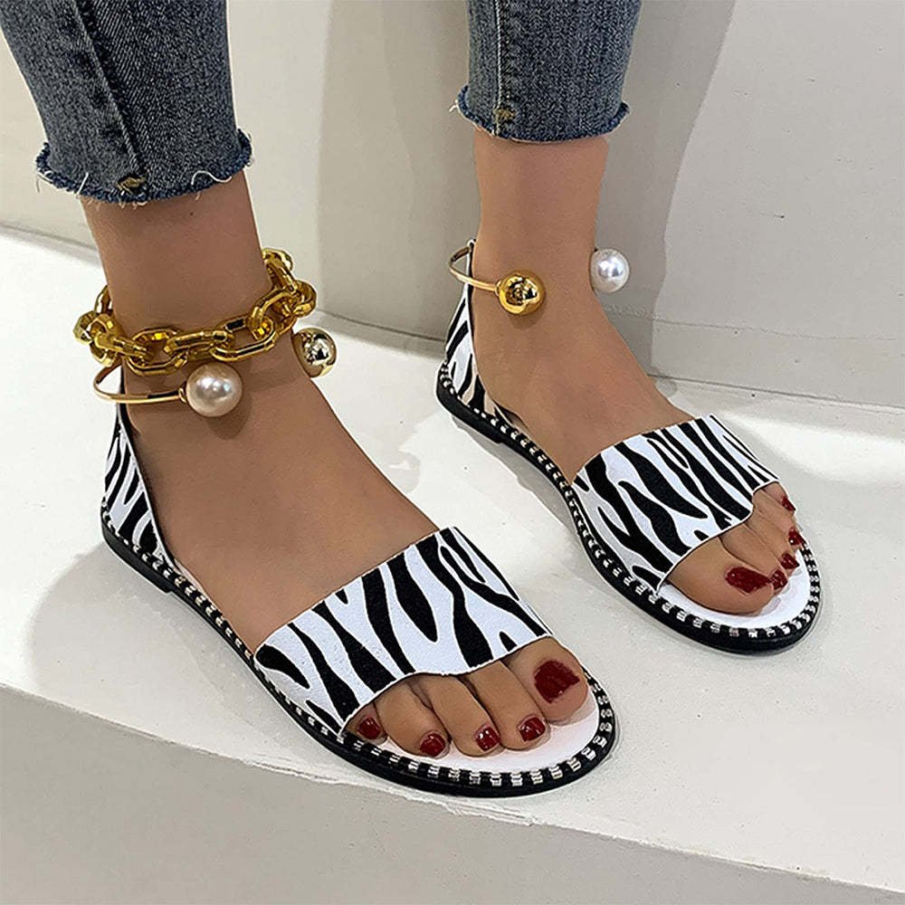 Fashion Casual Open Toe Pearl Decor Flat Sandals