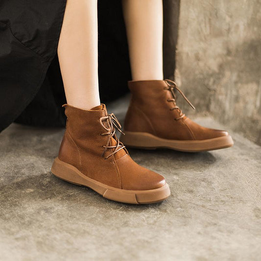 Lace Up Boots for Women Handmade Leather Flat Ankle Boots Brown/Coffee/Black