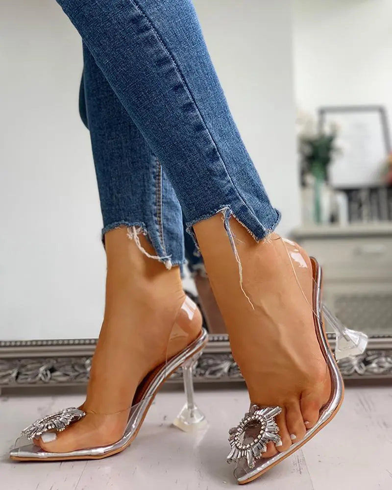 Rhinestone Pointed Toe Transparent Thin Heels