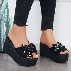 Black Bowknot Platform Wedges Slide Sandals Slip on Beach Slippers