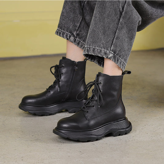 Winter Boots Handmade Genuine Leather Lace-Up Combat Boots Retro Chunky Platform Boots Black/ Coffee