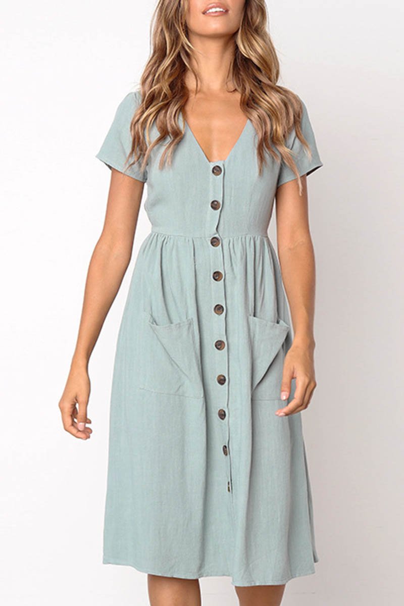 V-neck Pocket Midi Dress(4 Colors)