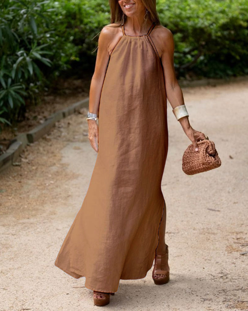 Solid Color Halter Slit Dress