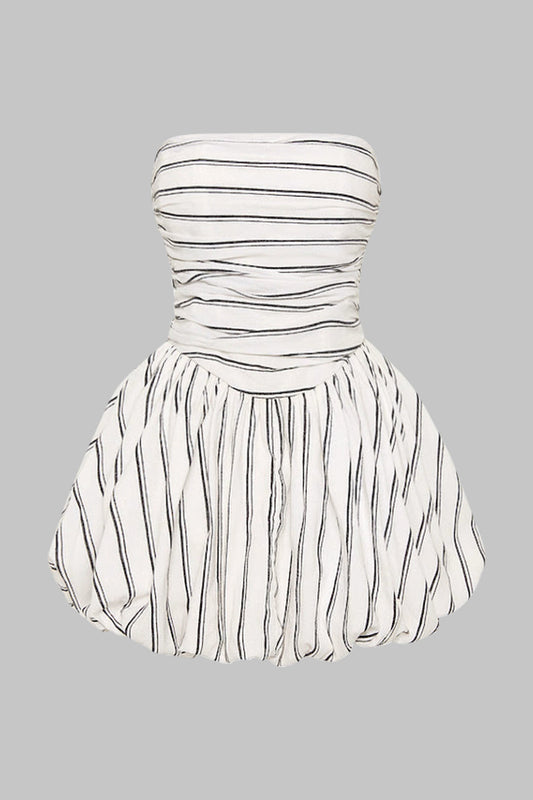 Stripe Print Ruched Strapless Sleeveless Mini Dress