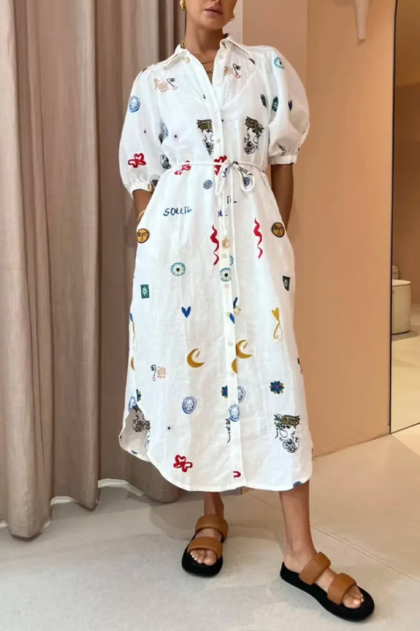 STATEMENT PRINT PUFF SLEEVE SIDE POCKET TIE MIDI DRESS