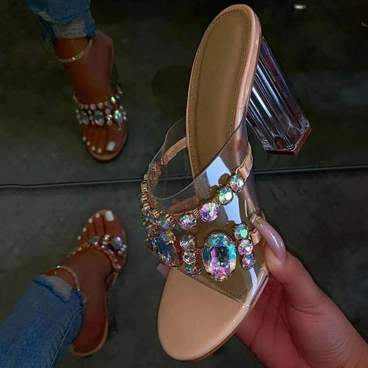 Rhinestone Chunky Heel Slip-On Flip Flop Pvc Slippers