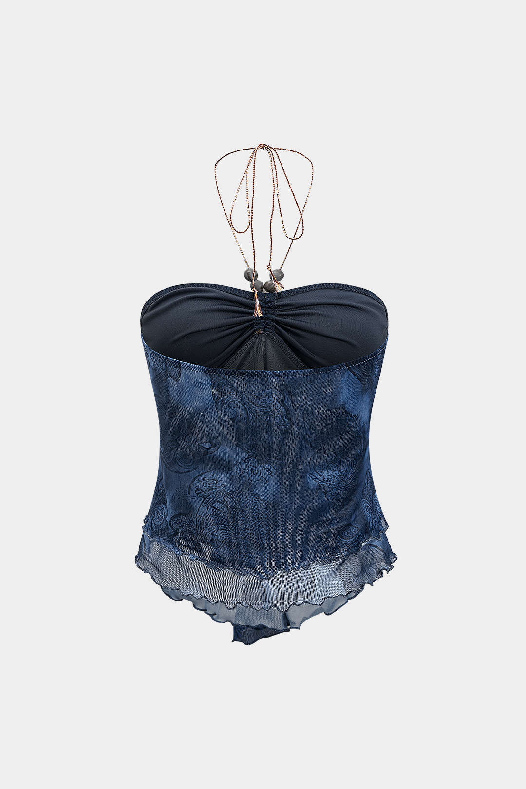 Tie Dye Print Mesh Ruched Beaded Tie-Up Cami Top