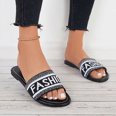 Words Print Slide Sandals Round Toe Flat Slippers