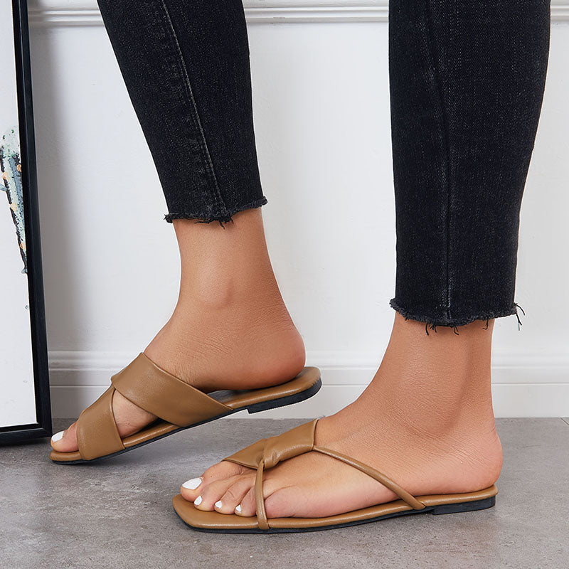 Criss Cross Slide Sandals Casual Square Toe Flat Slippers