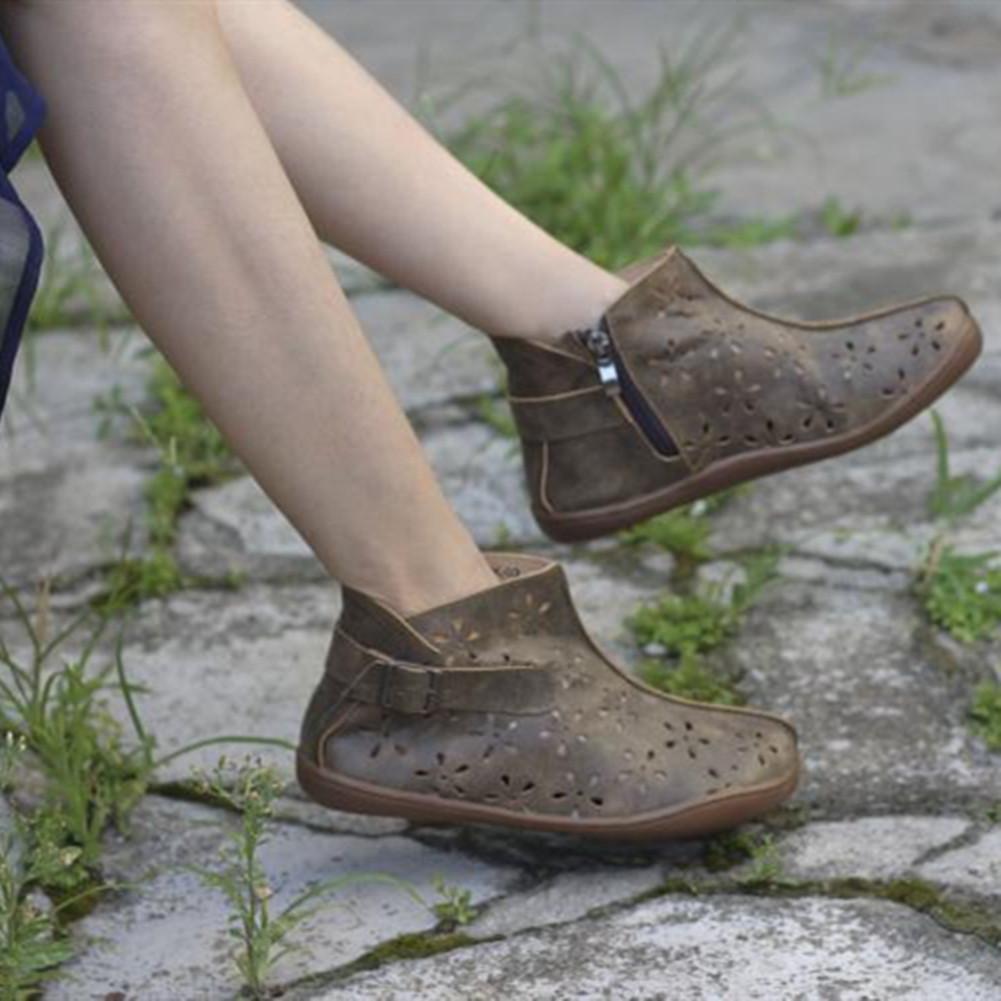 Women Ankle Boots Leather Handmade Hollow Mori Girl Shoes Flats Grey