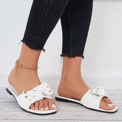 Bowknot Flat Slide Sandals Square Toe Beach Slippers