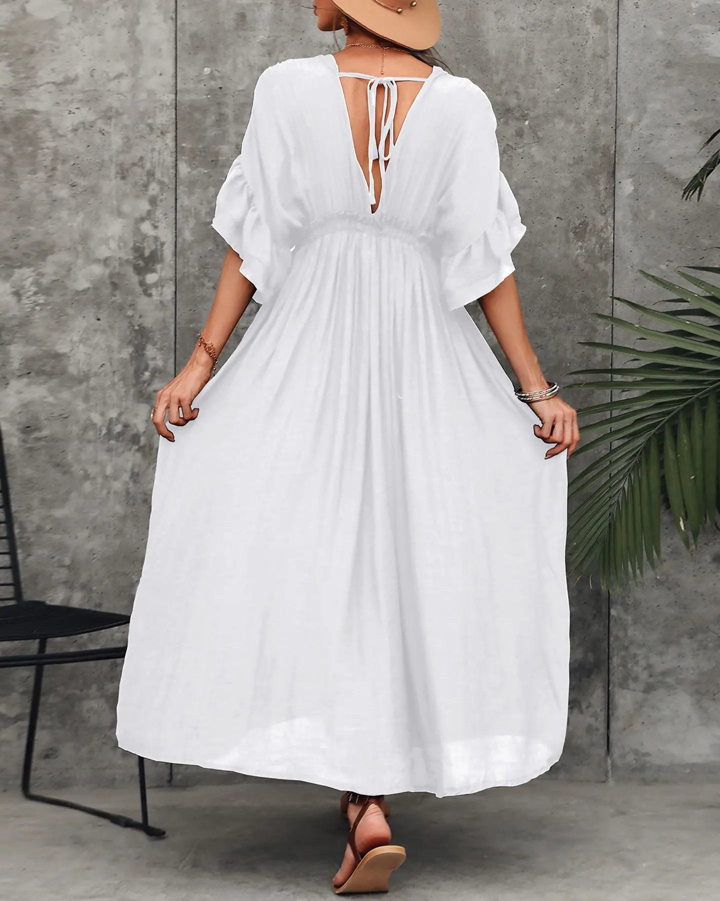 Ruffles Plunge Button Design Drawstring Casual Dress