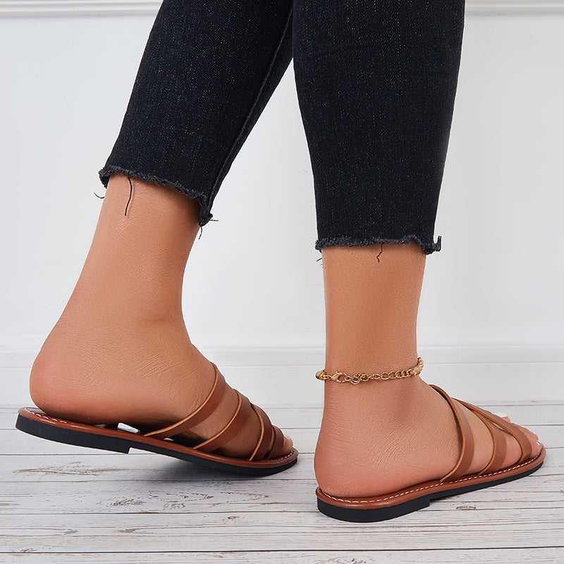 Brown Toe Ring Wide Slide Sandals Flat Beach Slippers