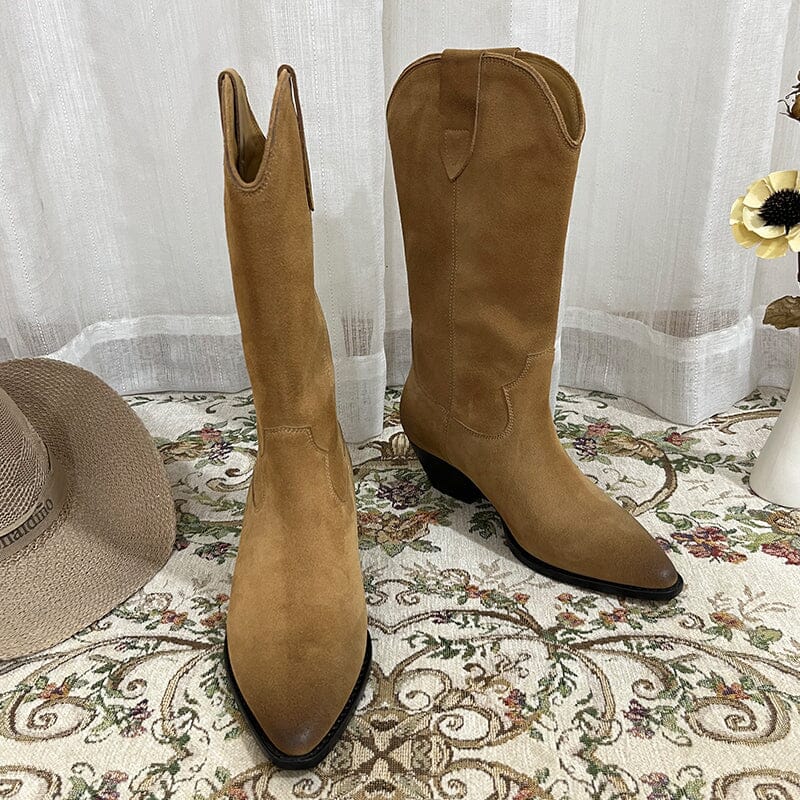 Womens Western Suede Mid Calf Boots Block Heel - Khaki/Black/Grey/Brown Cowgirl Boots All Genuine Leather