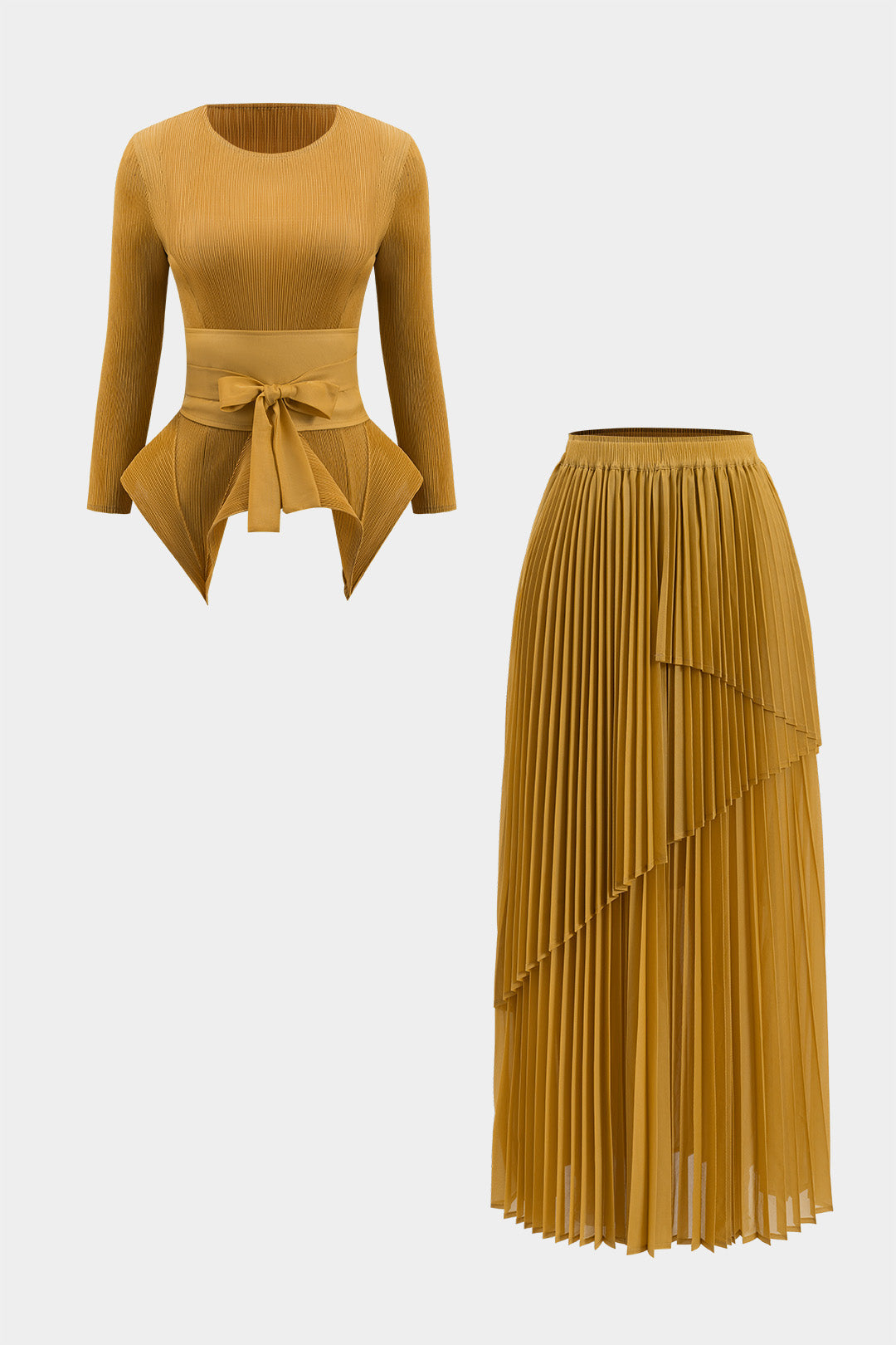 Tie Front Long Sleeve Top And Pleated Skirt Set