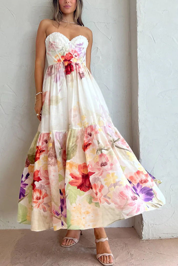 Romantic Date Floral Ruffle Detail Pocketed Corset Maxi Formal / Vacation Dress
