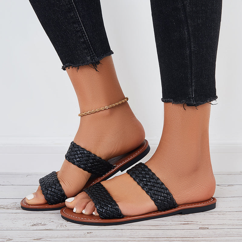 Open Toe Flat Sandals Braided Strap Slides Woven Leather Slippers