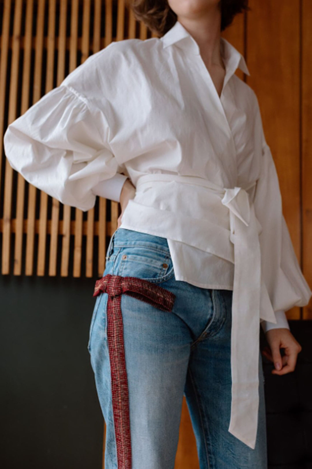 Tie Front Puff Sleeve Wrap Long-Sleeve Shirt