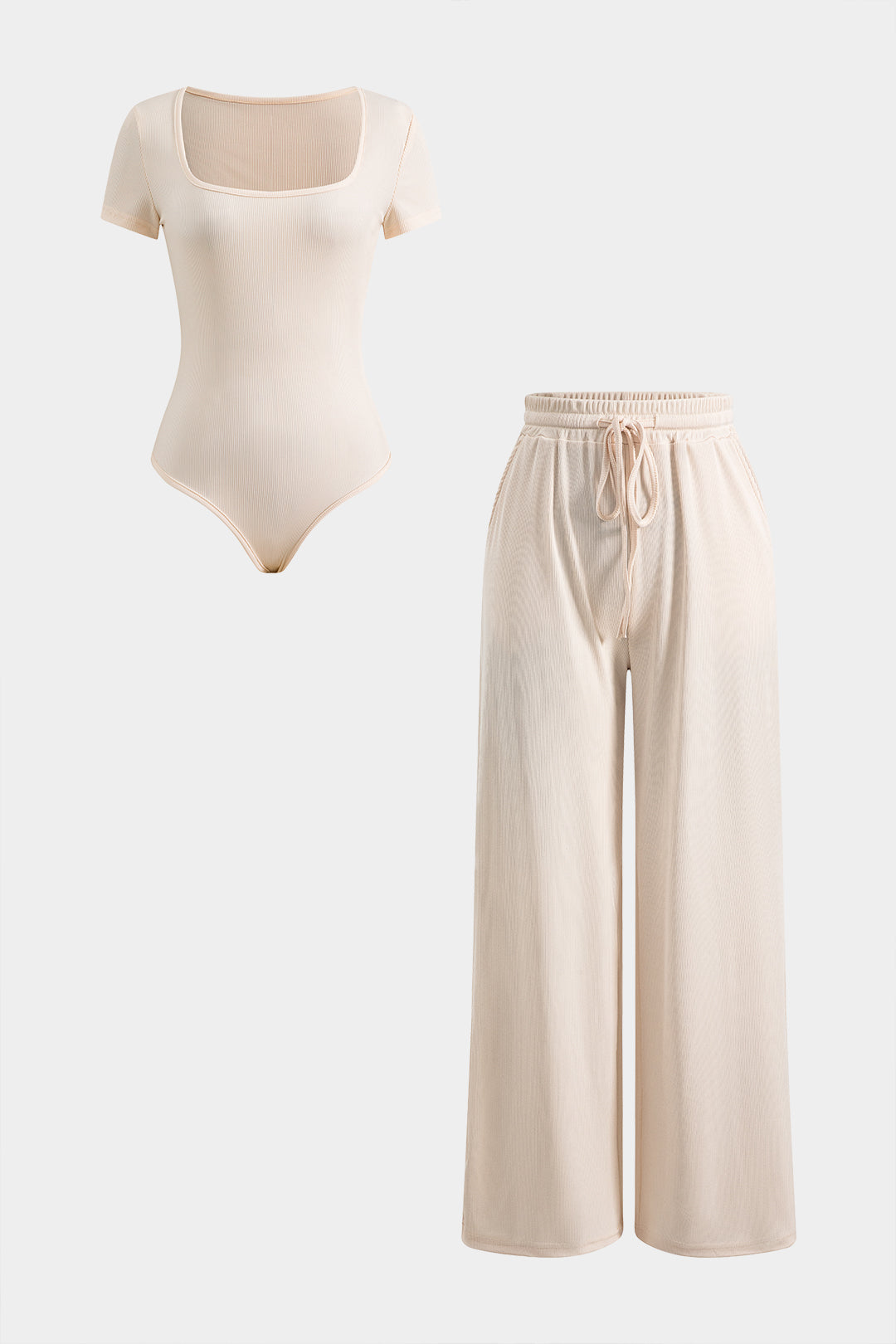 Square Neck Short Sleeve Bodysuit And Drawstring Wide Leg Trousers Set
