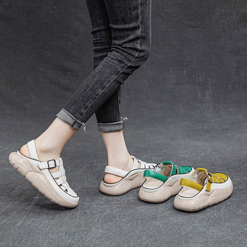 Layer Cowhide Summer Retro Platform Buckle Toe Box Sandals