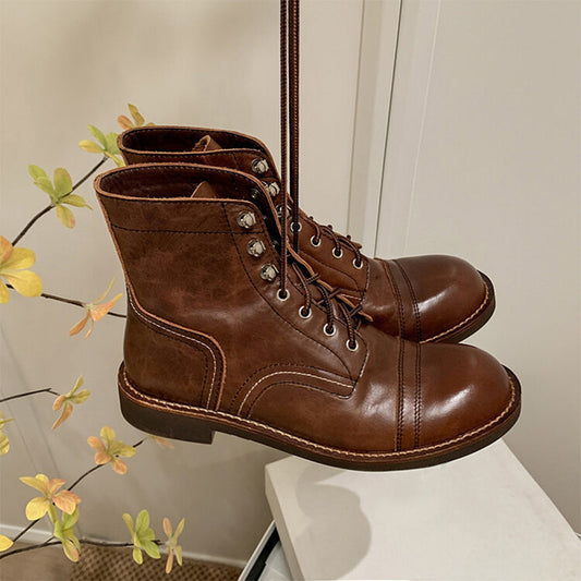 Handmade Leather Derby Boots Biker Boots Lace-Up Combat Boots Chunky Ankle Boots