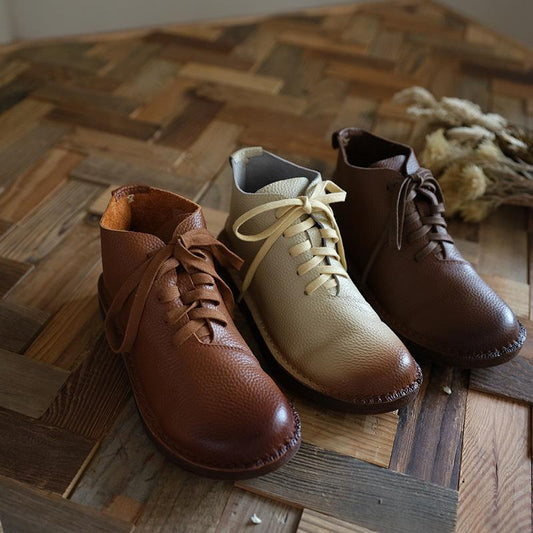 Handmade Genuine Leather Boots Lace-Up Combat Boots Retro Chunky Ankle Boots Coffee/Brown/Off White