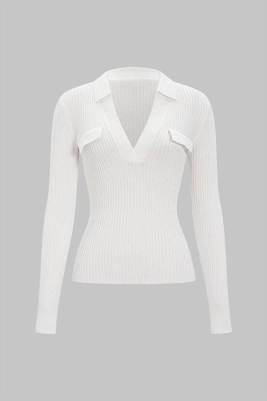 V-Neck Collar Texture Long-Sleeve Top