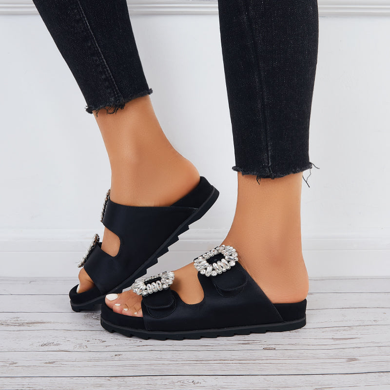 Rhinestone Velcro Platform Slides Slip on Flat Sandals Slippers