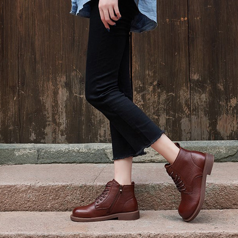 Wide Toes Handmade Genuine Leather Boots Lace-Up Combat Boots Retro Chunky Ankle Boots
