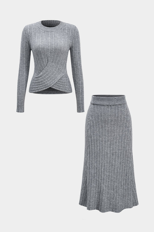 Sweater Cross Top And Skirt Set