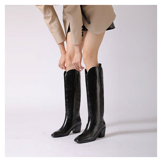 Cowboy Boots Women Handmade Genuine Leather in Black/Beige - HIGH WESTERN BOOTS Side Zipper