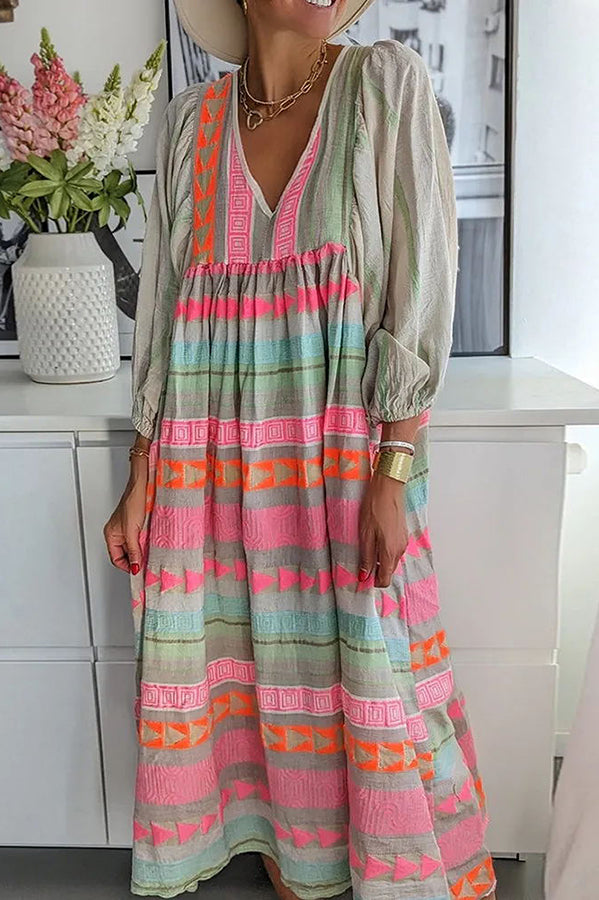 Whisked Away Geometric Color Block Printed A-line Midi Dress