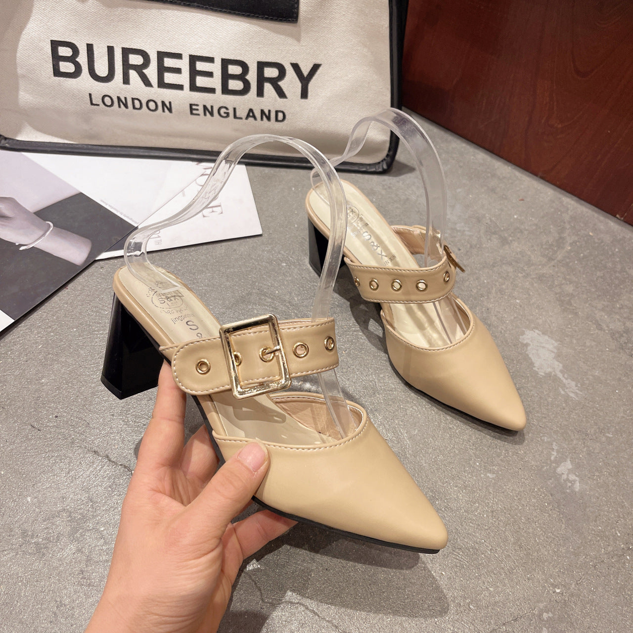 Women's Cap Semi High Chunky Pointed Belt Sandals