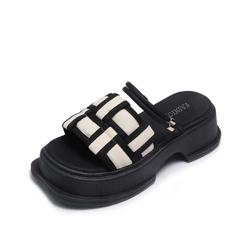 Women's Black White Plaid Outer Wear Summer Sandals