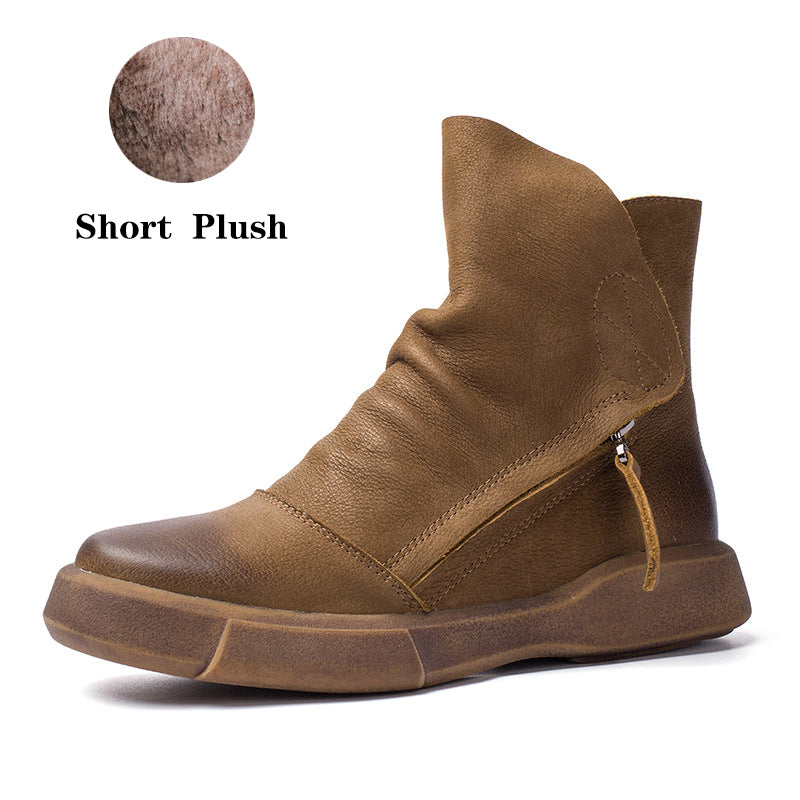 Soft Cowhide Leather Zip Boots Retro Women Chunky Ankle Boots Black/Coffee/khaki