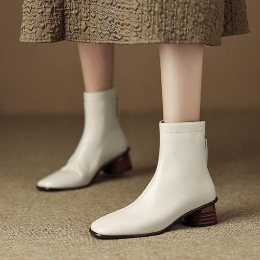 Classic Elegant Chelsea Boots Mid Heel Back Zipper Stretch Boots Square Toe Sock Boots White/Khaki
