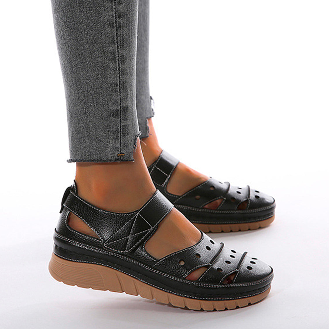 Women's Casual Platform Flat Comfort Breathable Leather Walking Shoes