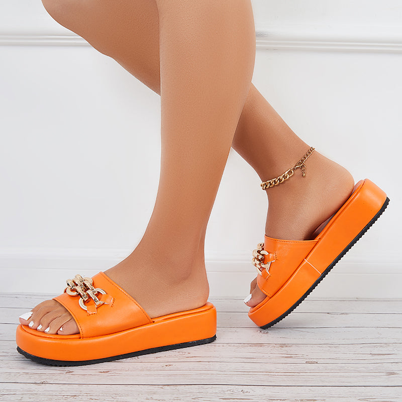 Casual Open Toe Flatform Slippers Chain Decor Platform Slide Sandals