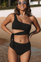 Black and One Shoulder Tie Waist Bikini Set