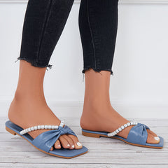 Bow Pearls Decor Flat Slippers Square Toe Slide Sandals