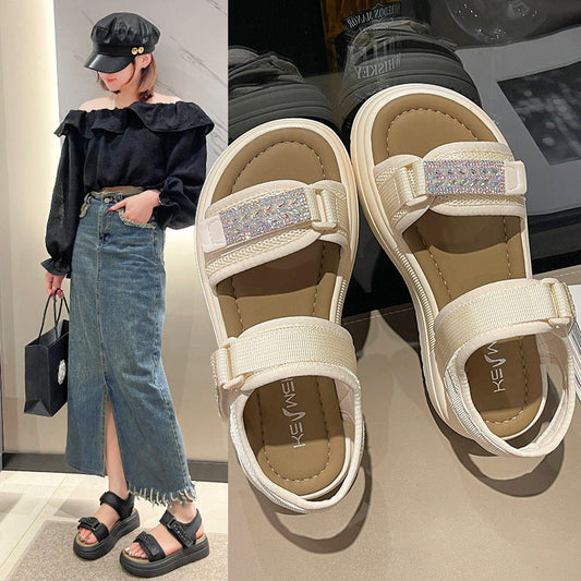 Women's Summer Velcro Rhinestone Platform Muffin Beach Sandals