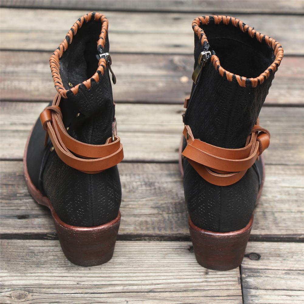 Women'S Leather Heeled Ankle Boots Retro Rivet Comfortable Walking Round Toe Black